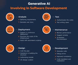 A diagram illustrates how generative AI is involved in various stages of software development, including analysis, design, deployment, testing, maintenance, and development, with icons representing each phase.