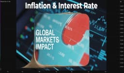 A person holds a magnifying glass focusing on a digital overlay displaying the words "Global Markets Impact" amid financial charts and graphs illustrating fluctuations in inflation and interest rates.
