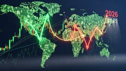 A digital world map displays fluctuating stock market lines and large arrows indicating global economic declines in 2025 and 2026.