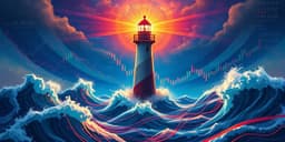A lighthouse stands steadfast amidst turbulent ocean waves with currency symbols like USD and VND subtly in the background, symbolizing stability and value investing during forex volatility.